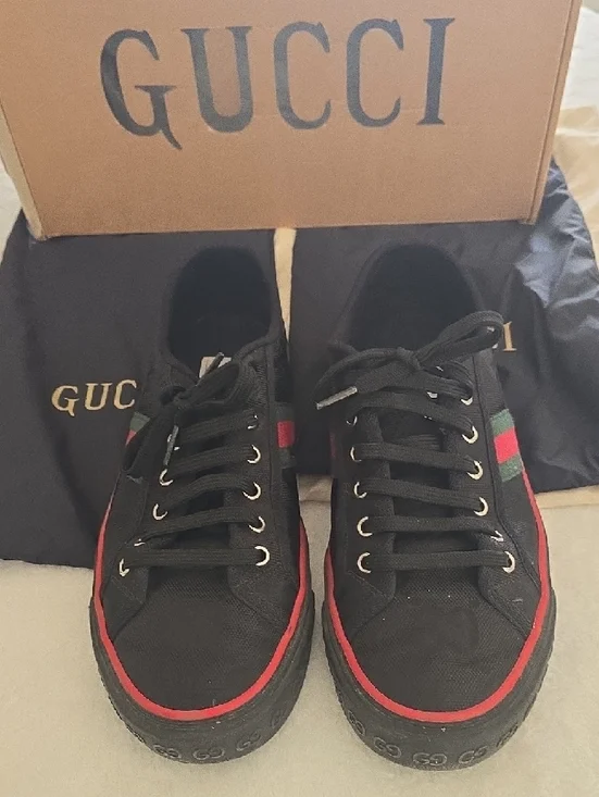 Gucci Men’s Black Canvas Low-Top Sneakers with Red & Green Web Stripe - Picture 4 of 7